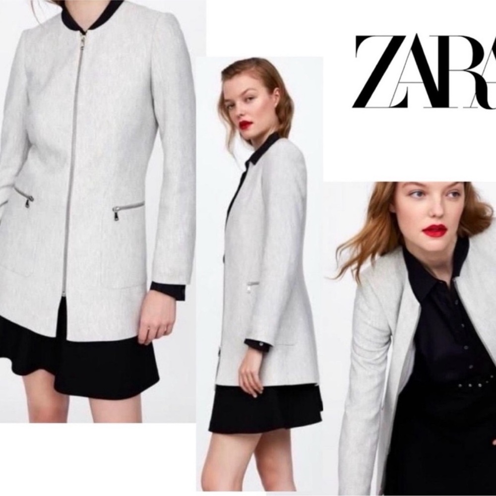 Zara Basic Herringbone Frock Coat Jacket XS Cream Ivory